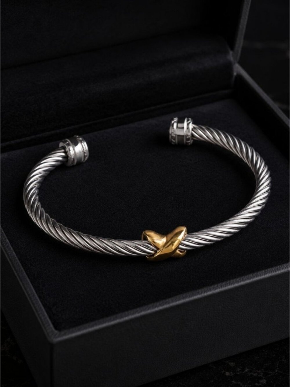 Silver-Tone Twisted Cable Bracelet with Gold Accent
